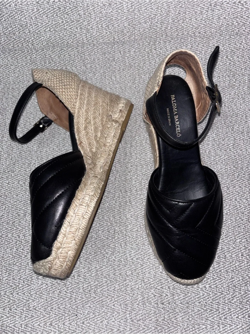 Paloma Barcelo black quilted leather wedge espadrilles ankle strap EU 38 US 7.5
